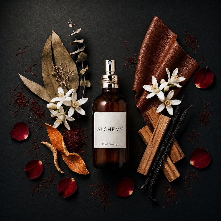 A matte black glass bottle of Alchemy Room Spray with a black pump spray top, displayed on a textured black stone background styled with dark red rose petals, white blossoms, saffron threads, dried leaves, vanilla, wood sticks, and brown leather.
