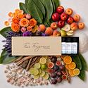 A gorgeous photo of a Fine Fragrance Sampler box holding eight 1 oz fragrance oils. The background is composed of roses, banana leaves, apple slices, sea salt, figs, and an assortment of items representing the fragrances. 
