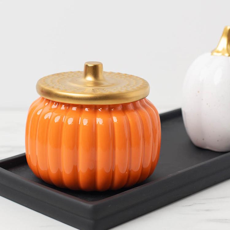 Harvest Classic Orange Ceramic Pumpkin Jar with gold lid on white background