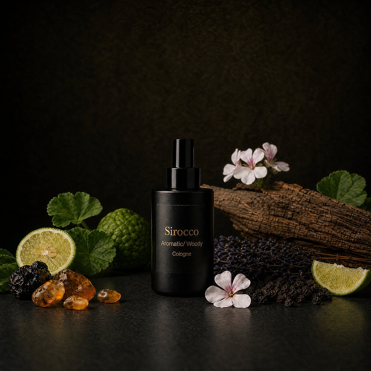A matte black bottle of Sirocco Cologne with a black spray pump, centered on a dark textured background and framed by a flat lay of tree bark, lavender, whole and sliced bergamot, pink geranium blossoms, black peppercorns, and amber resin pieces.