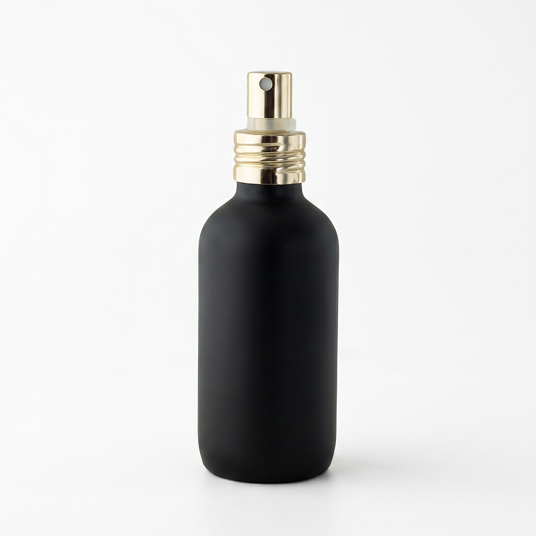 4 oz. Matte Black Round Glass Perfume Bottle with Soft Gold Cap