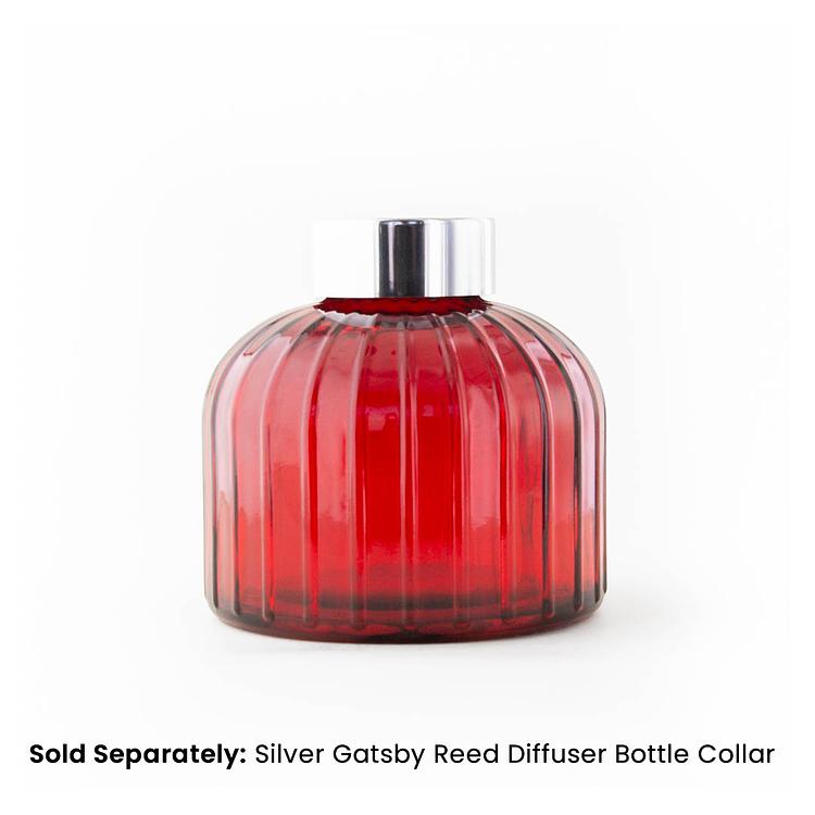 Red Gatsby Reed Diffuser Bottle on a white background with Silver Gatsby Collar