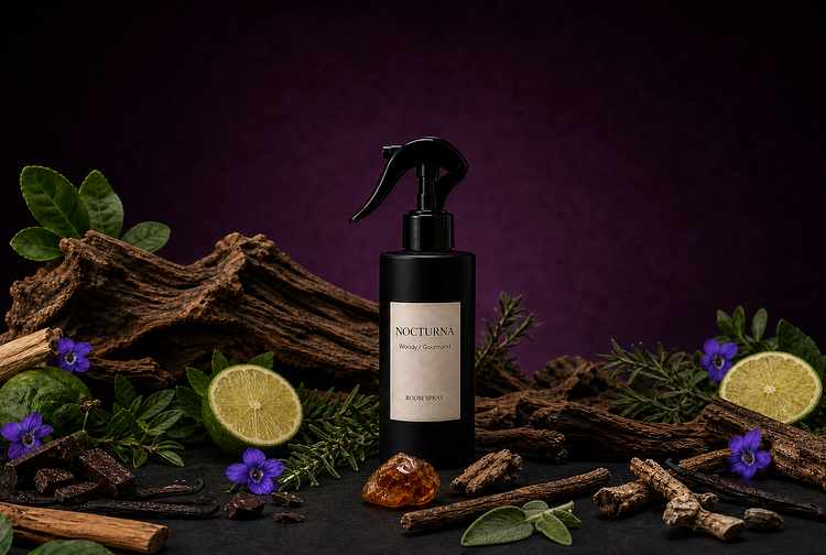 A matte black bottle of Nocturna Room Spray with a black trigger sprayer, centered on a deep purple background and framed by styled ingredients including dark chocolate, bergamot wheels, purple violets, vanilla beans, rosemary, and moss.