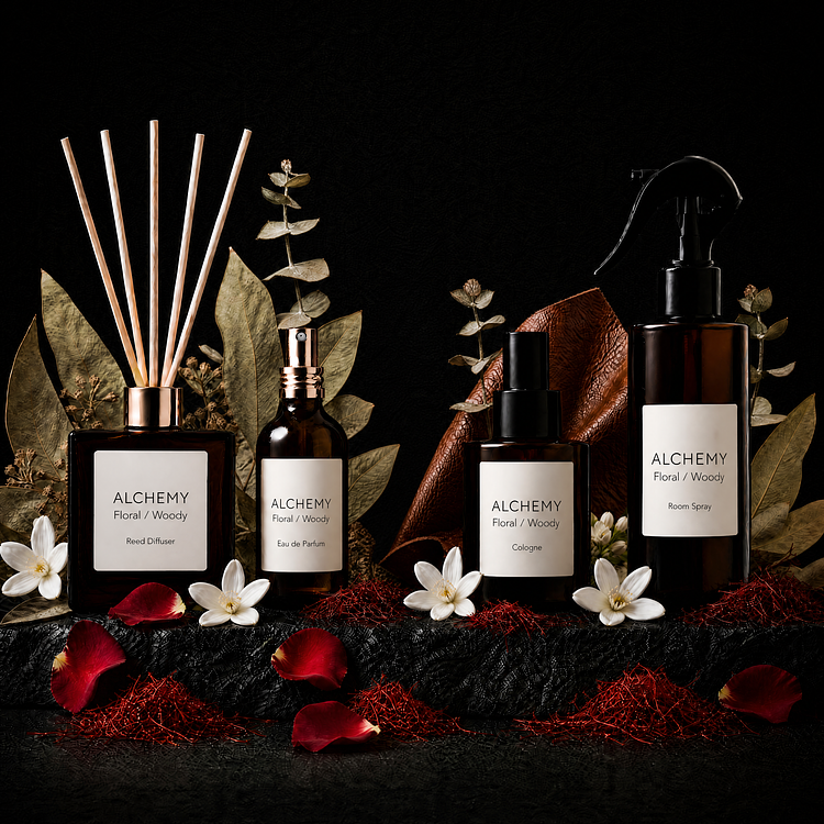 A collection of four matte black glass Alchemy fine fragrance products—including a reed diffuser, Eau de Parfum, cologne, and room spray—arranged on a dark stone step with dried leaves, white flowers, red rose petals, saffron threads, and brown leather.
