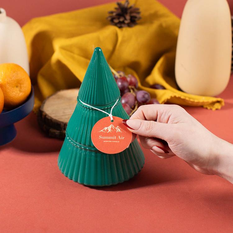 Evergreen Tiered Glass Tree Jar on a warm, orange kitchen backdrop with a pretty round hang tab label