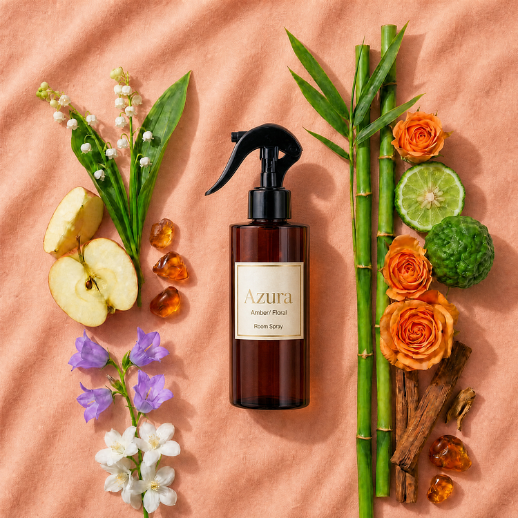 An amber glass bottle of Azura Room Spray with a black trigger spray top, centered on a peach background and styled with bamboo stalks, orange roses, fresh apple slices, lime, purple and white flowers, and amber resin pieces.