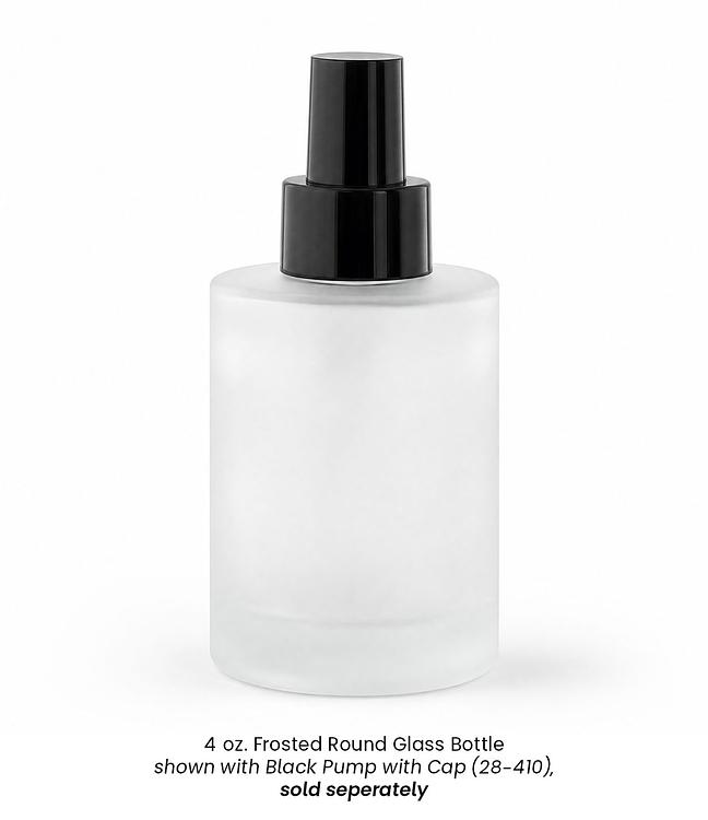 Black Pump (28-410) on a 4 oz Frosted Round Glass Bottle