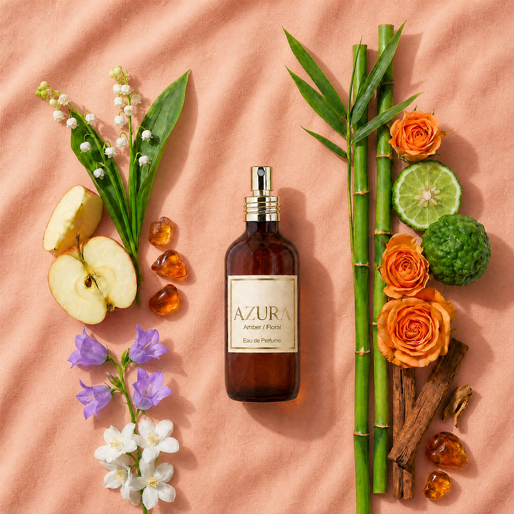 An amber glass bottle of Azura Eau de Parfum with a matte gold spray top, centered on a peach background and styled with bamboo stalks, orange roses, fresh apple slices, lime, purple and white flowers, and amber resin pieces.