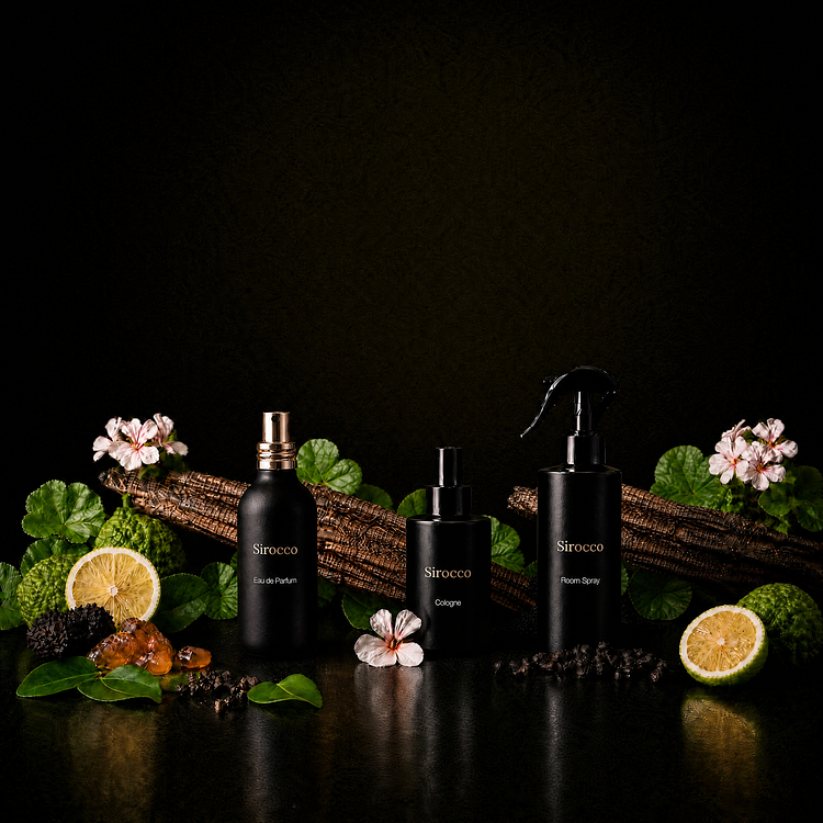 Three matte black Sirocco fine fragrance products—including Eau de Parfum, cologne, and a room spray with a trigger top—displayed against a dark textured background with whole and sliced bergamot, rough tree bark, pink geranium flowers, black peppercorns, and amber resin pieces.