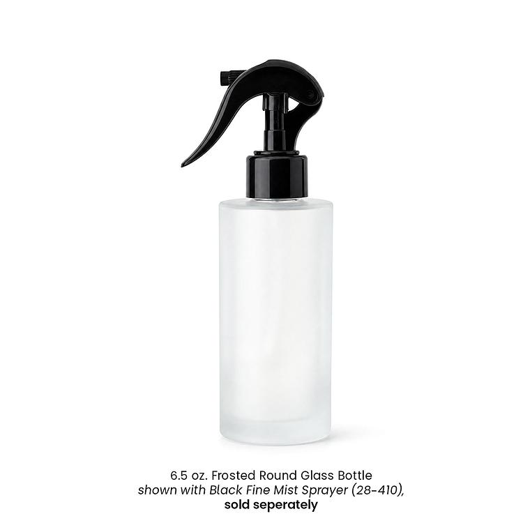 Black Fine Mist Sprayer (28mm-410) on a Frosted Round Glass Bottle on a white background