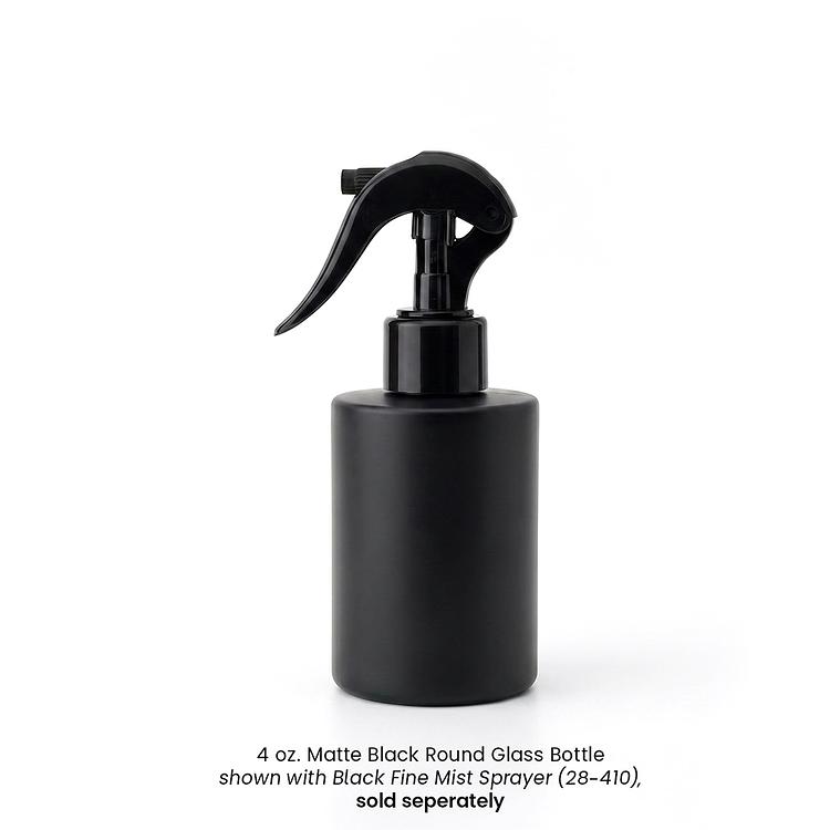 Black Fine Mist Sprayer (28mm-410) on a Matte Black Round Glass Bottle on a white background