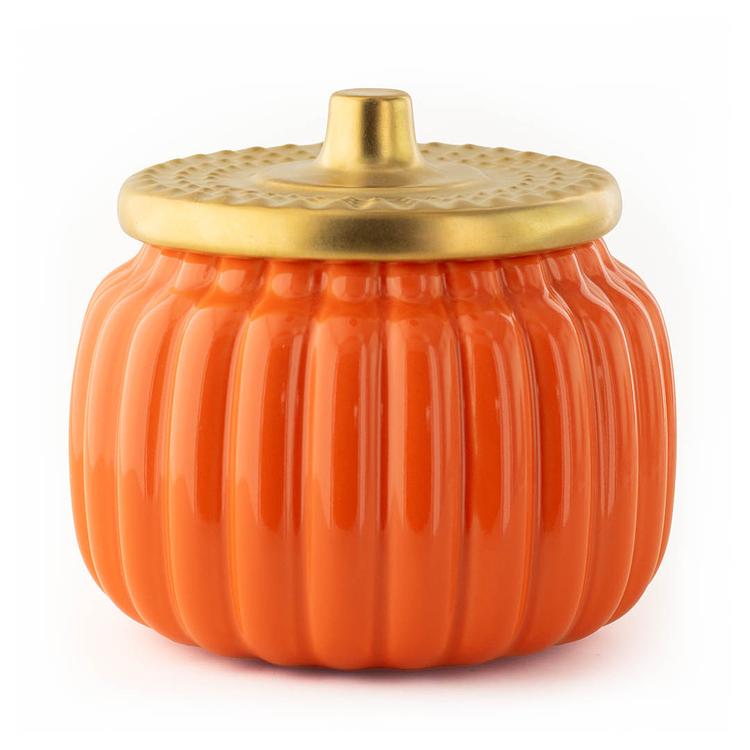 Harvest Classic Orange Ceramic Pumpkin Jar with Gold Matte Lid on a white background