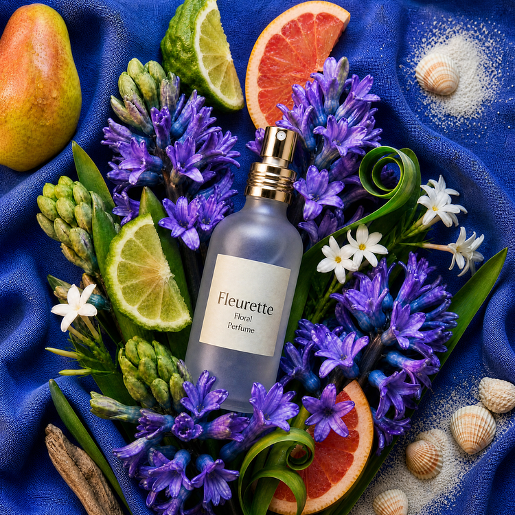 A frosted glass Fleurette perfume bottle with gold spray top, centered on a blue background and surrounded by elements of white sand, a fresh whole pear, pink grapefruit Wedges, bergamot slices, purple hyacinths, small white blossoms, and scattered seashells.