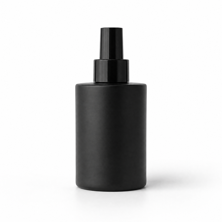 4 oz. Frosted Round Glass Bottle a Black Cap on a white background
