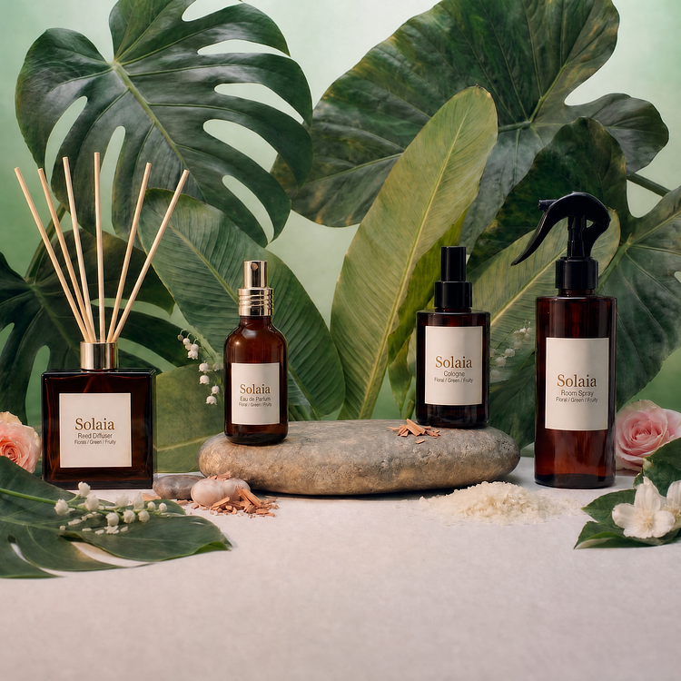 A collection of CandleScience Solaia fine fragrance products in amber glass bottles, featuring a square reed diffuser, spray perfume bottles, and a large room spray with a trigger top
