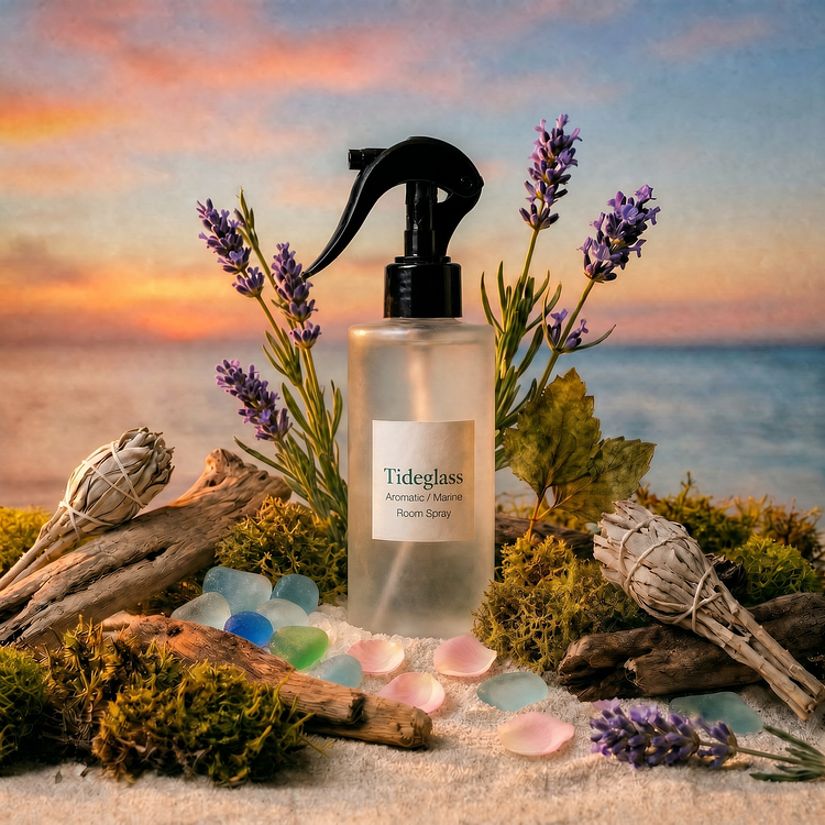 A round frosted glass Tideglass room spray with black trigger-style sprayer, styled at eye-level on a white sand and moss display featuring pieces of driftwood, colorful sea glass, pink petals, sage bundles, and lavender flowers with a soft ocean sunset in the background.