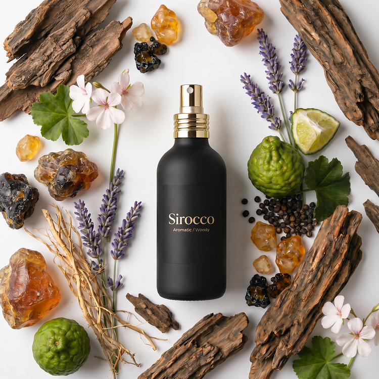 A matte black Sirocco perfume bottle with a gold spray pump, centered on a white background and styled with tree bark, lavender stalks, green bergamot, black peppercorns, pale pink geranium flowers, dried roots, and amber resin chunks.
