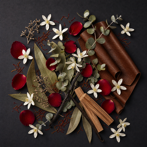 A flat lay arrangement of raw ingredients for Alchemy fine fragrance on a black background, featuring dark red rose petals, white citrus blossoms, eucalyptus sprigs, dried leaves, vanilla beans, sandalwood sticks, saffron threads, and a piece of brown textured leather.