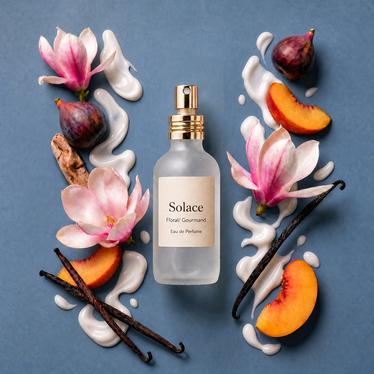A frosted glass bottle of Solace Eau de Parfum with a gold spray pump, displayed on a blue background and surrounded by whole and sliced figs, peach slices, coconut, vanilla beans, wood sticks, and large pink-tinted magnolia flowers.