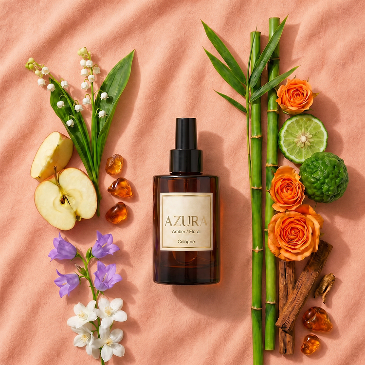 An amber glass bottle of Azura Cologne with a black trigger spray top, centered on a peach background and styled with bamboo stalks, orange roses, fresh apple slices, lime, purple and white flowers, and amber resin pieces.