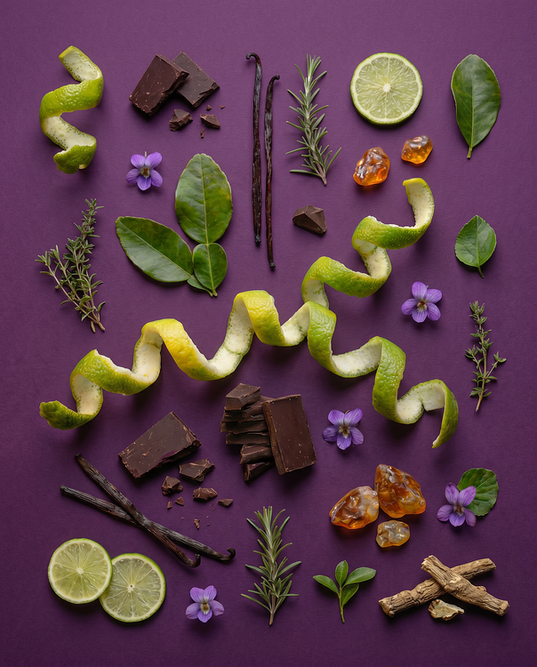 A flat lay arrangement of raw ingredients for Nocturna fine fragrance on a deep purple background, featuring bergamot wheels and twists, dark chocolate chunks, vanilla beans, purple violets, rosemary sprigs, and amber resin pieces.