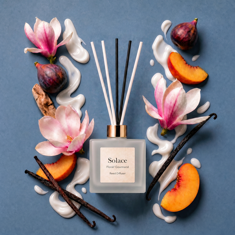 A frosted glass bottle of Solace as a Reed Diffuser with a gold bottle collar and natural rattan reeds, displayed on a blue background and surrounded by whole and sliced figs, peach slices, coconut, vanilla beans, wood sticks, and large pink-tinted magnolia flowers.