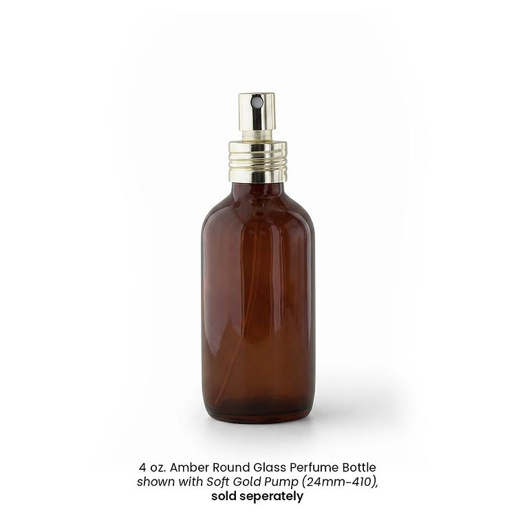 Soft Gold Pump (24mm-410) attached to a 4 oz Amber Perfume Bottle on a white background