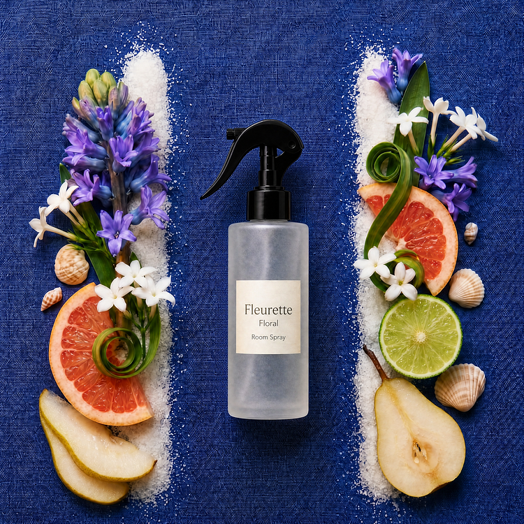 A frosted glass Fleurette room spray bottle with black trigger sprayer, centered on a blue background and framed symmetrically by two vertical stripes of white sand, fresh pear slices, pink grapefruit Wedges, bergamot wheels, purple hyacinths, small white blossoms, and scattered seashells.