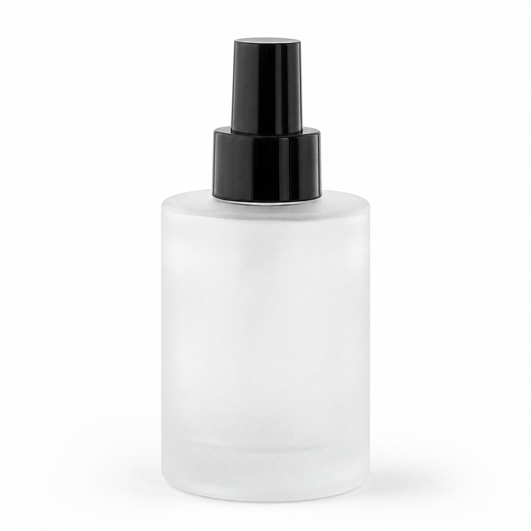 4 oz. Frosted Round Glass Bottle a Black Cap on a white background