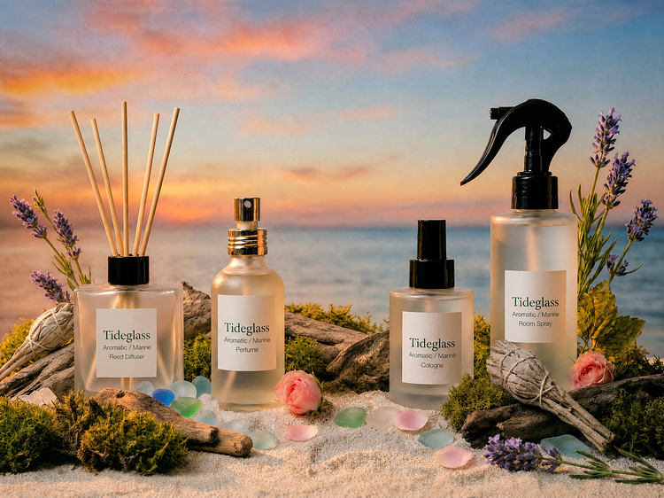 A collection of four frosted glass Tideglass fine fragrance products—a square reed diffuser, perfume, cologne, and a room spray with a black trigger top—arranged on a white sand and green moss surface with sea glass, pink roses, lavender, and sage bundles against a coastal ocean sunset background.