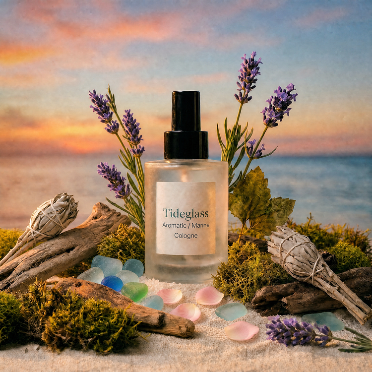 A round frosted glass Tideglass Cologne with black pump sprayer, styled at eye-level on a white sand and moss display featuring pieces of driftwood, colorful sea glass, pink petals, sage bundles, and lavender flowers with a soft ocean sunset in the background.