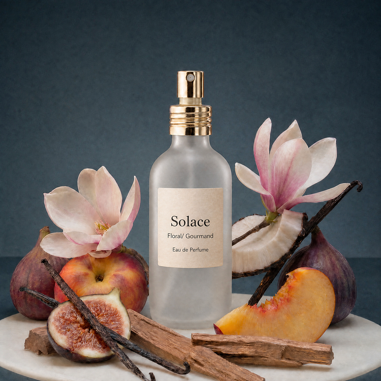 A frosted glass bottle of Solace Eau de Parfum with a gold spray pump, displayed on a white marble base and surrounded by whole and sliced figs, peach slices, coconut, vanilla beans, wood sticks, and large pink-tinted magnolia flowers.