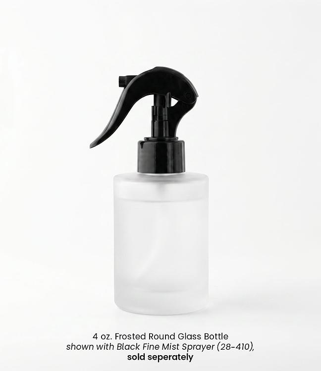Black Fine Mist Sprayer (28mm-410) attached to a 4 oz frosted round bottleon a white background