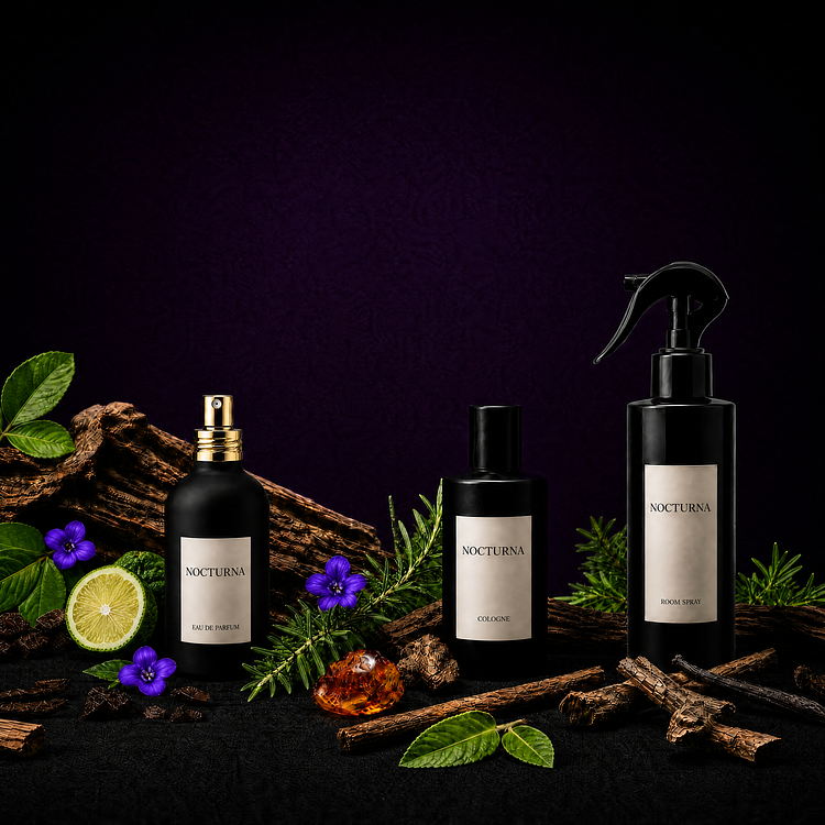 A collection of matte black bottles featuring Nocturna fine fragrance products—including Eau de Parfum, cologne, and a room spray with a trigger top—displayed against a dark purple background with green leaves, fresh bergamot, purple flowers, rosemary, and drift wood.