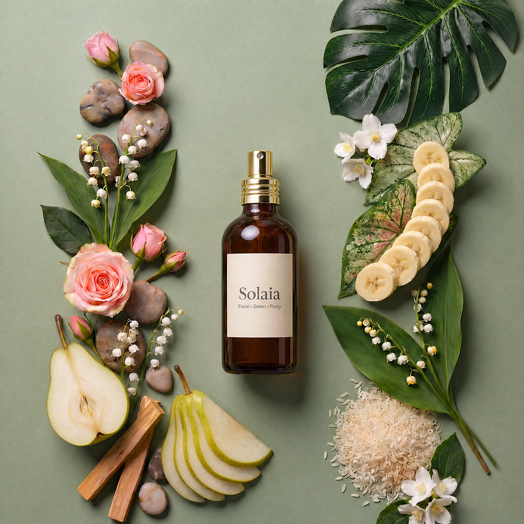 An amber glass bottle of Solaia Eau de Parfum with a gold spray pump, centered on a sage green background and styled with fresh pear, banana slices, white rice, roses, and tropical leaves.