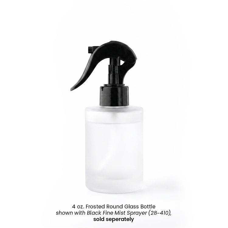 4 oz. Frosted Round Glass Bottle a Black Cap on a white background