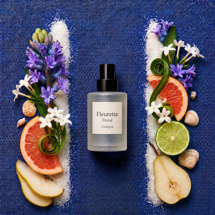 A frosted glass Fleurette cologne bottle, centered on a blue background and framed symmetrically by two vertical stripes of white sand, fresh pear slices, pink grapefruit Wedges, bergamot wheels, purple hyacinths, small white blossoms, and scattered seashells.