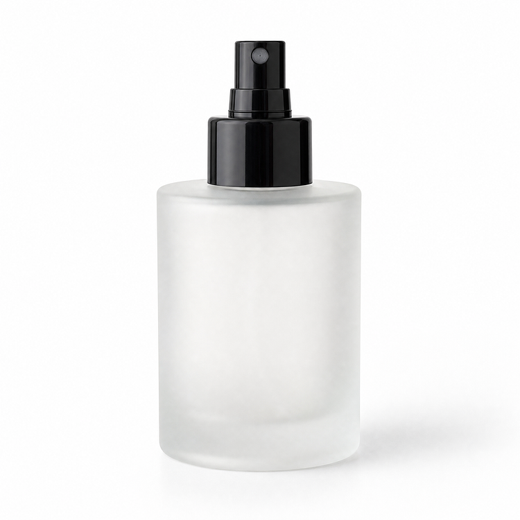 4 oz. Frosted Round Glass Bottle a Black Pump no cap on a white background