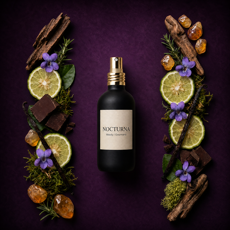 A matte black bottle of Nocturna Eau de Parfum with a gold spray pump, centered on a deep purple background and framed by styled ingredients including dark chocolate, bergamot wheels, purple violets, vanilla beans, rosemary, and moss.
