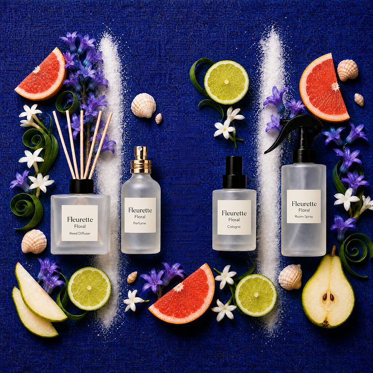 Four frosted glass Fleurette fine fragrance products—a square reed diffuser, perfume bottle, cologne bottle, and a room spray with a black trigger top—arranged on a blue textured background framed by vertical lines of white sand, pink grapefruit slices, lime wheels, pear halves, purple flowers, and small seashells.
