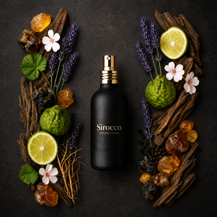 A matte black bottle of Sirocco fine fragrance with a gold spray pump, centered on a dark textured background and framed by a flat lay of tree bark, lavender, whole and sliced bergamot, pink geranium blossoms, black peppercorns, and amber resin pieces.