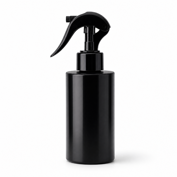 6.5 oz. Matte Black Round Glass Bottle with Black Fine Mist Sprayer (28-410)