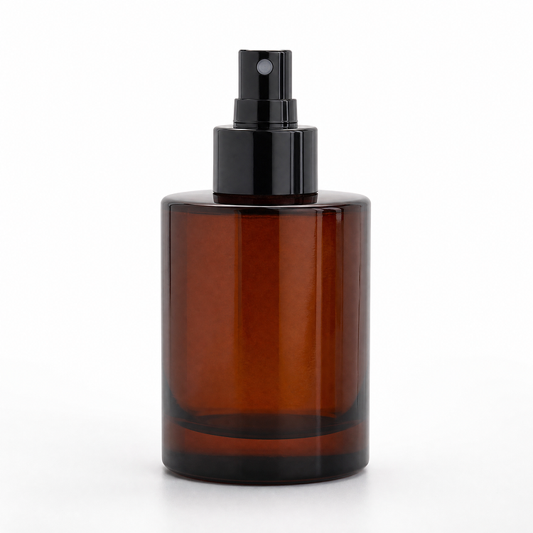 4 oz. Amber Round Glass Bottle a Black Pump no cap on a white background
