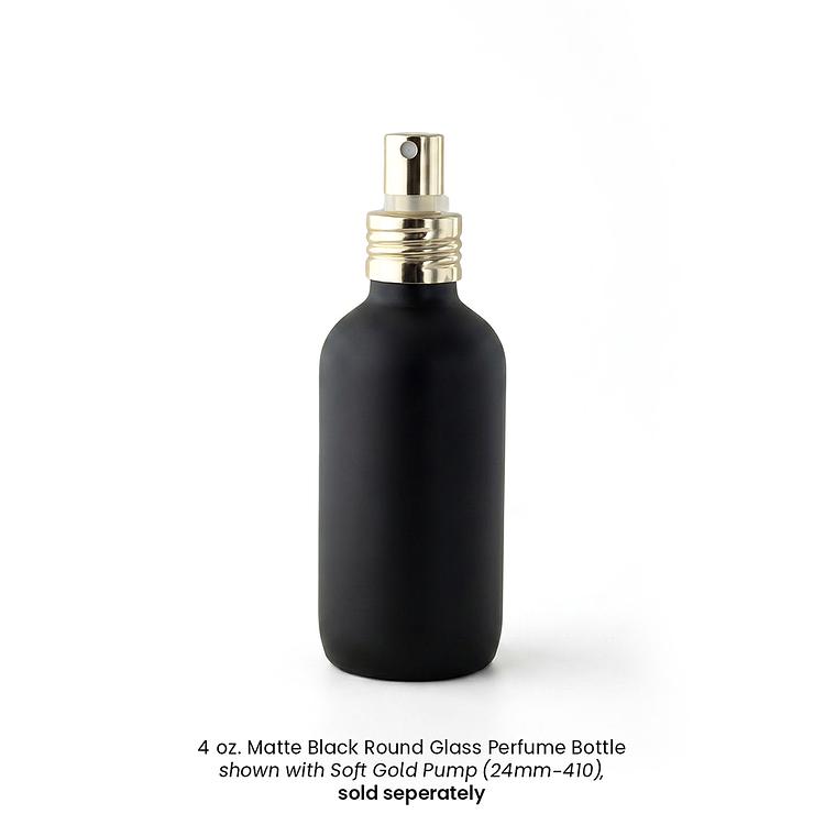 Soft Gold Pump (24mm-410) attached to a 4 oz Matte Black Perfume Bottle on a white background