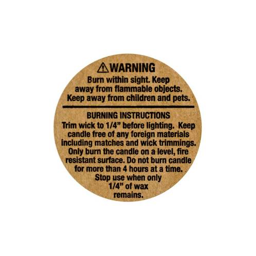 Kraft Candle Burning Warning Labels in 1.25 Inch Size