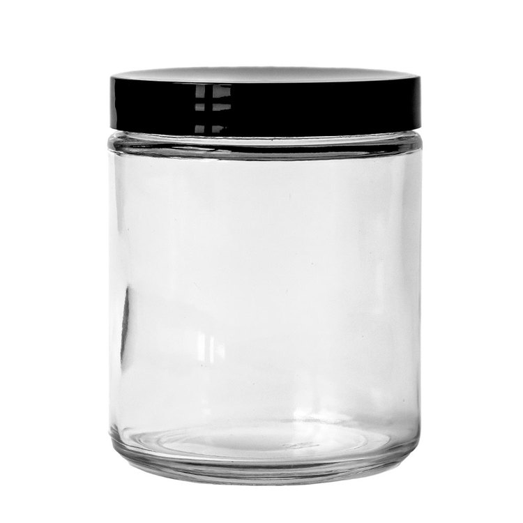 70-400 Black Plastic Threaded Lid on a clear glass jar