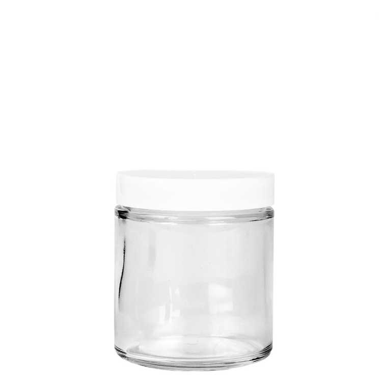 58-400 White Plastic Threaded Lid on top of a glass straight sided jar