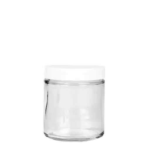 58-400 White Plastic Threaded Lid on top of a glass straight sided jar