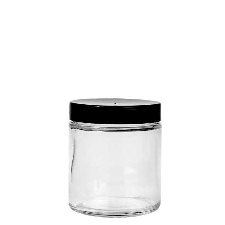 58-400 black plastic lid on top of a glass straight sided jar
