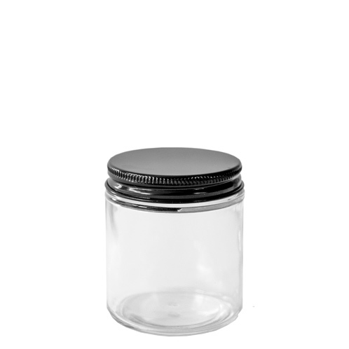 58-400 Black Threaded Lid on top of a glass straight sided jar
